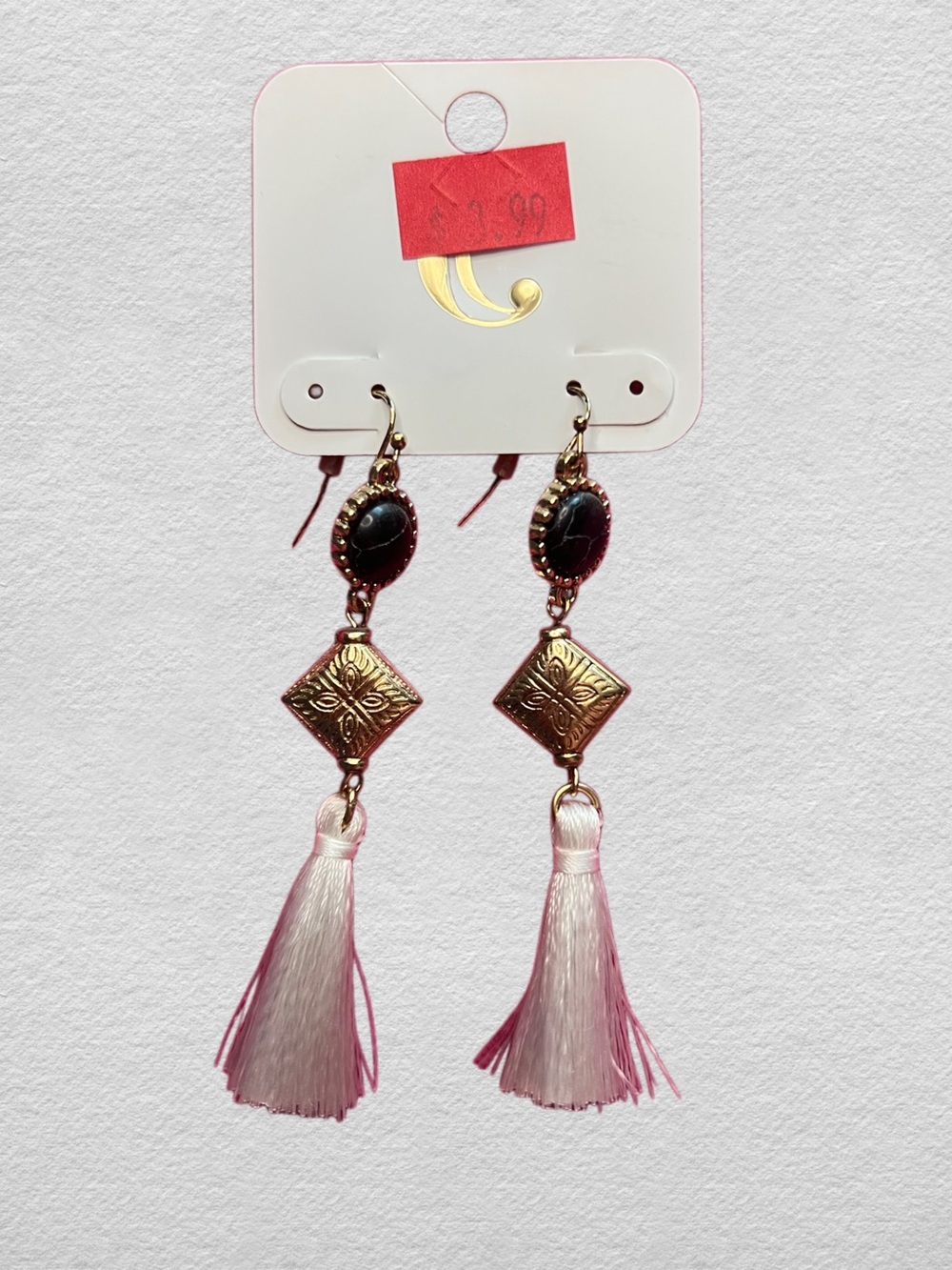 White Tassel Earrings with Gold & Black Accents
